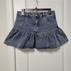 Indigo Ruffle Denim Mini Skirt Women’s L (30x15) Blue Bohemian Y2K Indie EUC